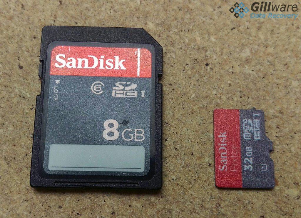 SD卡与microSD卡的比较。大多数现代SD卡实际上是像microSD卡一样使用单片芯片构造的，卡本身的大部分空间是为了适应适当的形状因素而设计的。